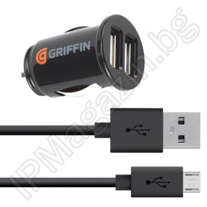 GRIFFIN - Комплект, заарядно за кола, 2 USB  порта, 5V, 2.1A, кабел micro USB към USB 