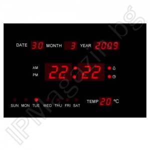 IP-LD-2313 - Digital, LED, wall clock, LED clock, indoor, thermometer, 220V, 23x12x3.8cm 