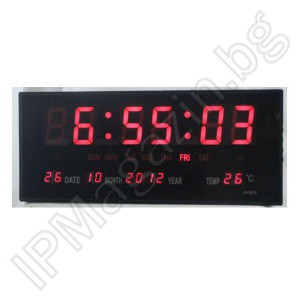 IP-LD-3615 -  Дигитален, диоден, стенен, LED часовник, вътрешен монтаж, с термометър, 220V, 36x15x3cm 