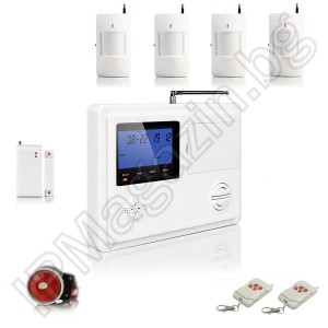 IP-AP017-4 - безжична, GSM аларма за дома,  3" LCD дисплей, клавиатура, 4 обемни датчика за движение, 1 МУК за врата, 2 дистанционни 