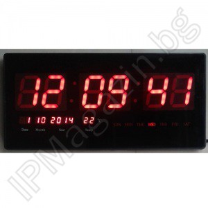 IP-LD-4622 - Дигитален, диоден, стенен, LED часовник, вътрешен монтаж, с термометър, 220V, 46x22x2cm 
