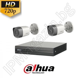 KIT2-1 - 1MP 720P HD, DAHUA surveillance kit, contains 1 DVR XVR1B04, and 2 external bucket cameras, HAC-HFW1000R-0280B-S3 (2.8mm, 20m) 
