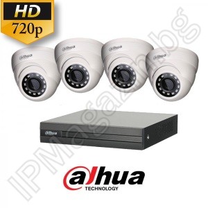 KIT4-4 - 1MP 720P HD, DAHUA surveillance kit, contains 1 DVR XVR1B04, and 4 internal dome cameras, HAC-HDW1000R-0280B-S3 (2.8mm, 20m) 