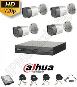 KIT4-5 - 1MP 720P HD, Комплект за наблюдение DAHUA, съдържа 1 DVR XVR1B04, и 4 външни булет камери, HAC-HFW1000R-0280B-S3(2.8mm, 20m), 1 HDD 1TB 24/7, кабели, захранване 