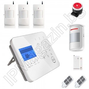 IP-AP027-4 - безжична, GSM аларма за дома,  3" LCD дисплей, клавиатура, чувствителна на допир, 4 обемни датчика за движение, 1 МУК за врата, 2 дистанционни 