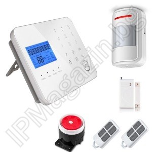 IP-AP027 - безжична, GSM аларма за дома, 3" LCD дисплей, клавиатура, чувствителна на допир, 1 обемен датчик за движение, 1 МУК за врата, 2 дистанционни 