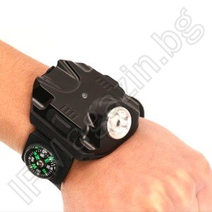 SF-2211 - акумулаторен, LED фенер, за ръка, CREE XP, 5 режима светене, тип часовник, с компас 