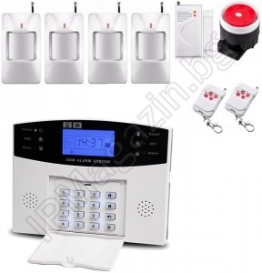 IP-AP028-4 - безжична, GSM аларма за дома, 2.5" LCD дисплей, клавиатура, 4 обемни датчиказа движение, 1 МУК за врата, 2 дистанционни 