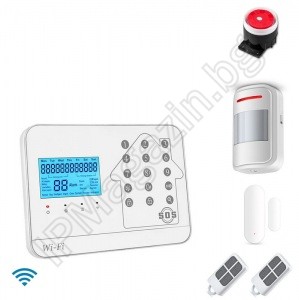 IP-AP030 - безжична, GSM аларма за дома, WiFi интернет модул, 3" LCD дисплей, клавиатура, чувствителна на допир, 1 обемен датчик за движение, 1 МУК за врата, 2 дистанционни 