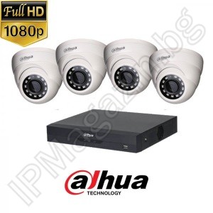 KIT4-13 - 2MP 1080P FullHD, Комплект за наблюдение DAHUA, съдържа DVR XVR5104HS-I2, и 4 външни куполни камери, HAC-HDW1200SL-0280B-S4(2.8mm, 20m) 