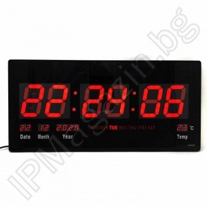 IP-LD-4622 - Digital, LED, wall clock, LED clock, indoor mounting, with thermometer, 220V, 46x22x2cm 
